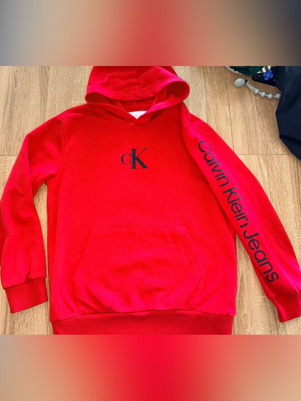 Calvin Klein Jeans Bright Red CK Logo Pullover Hoodie size 14/16 boys or girls